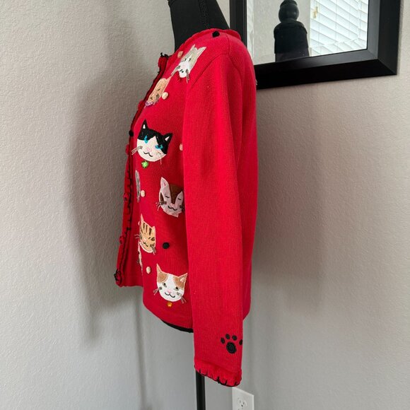 VINTAGE 80s Berek by Takako Sakon Red Cat Cardigan Sweater Medium - Picture 6 of 15